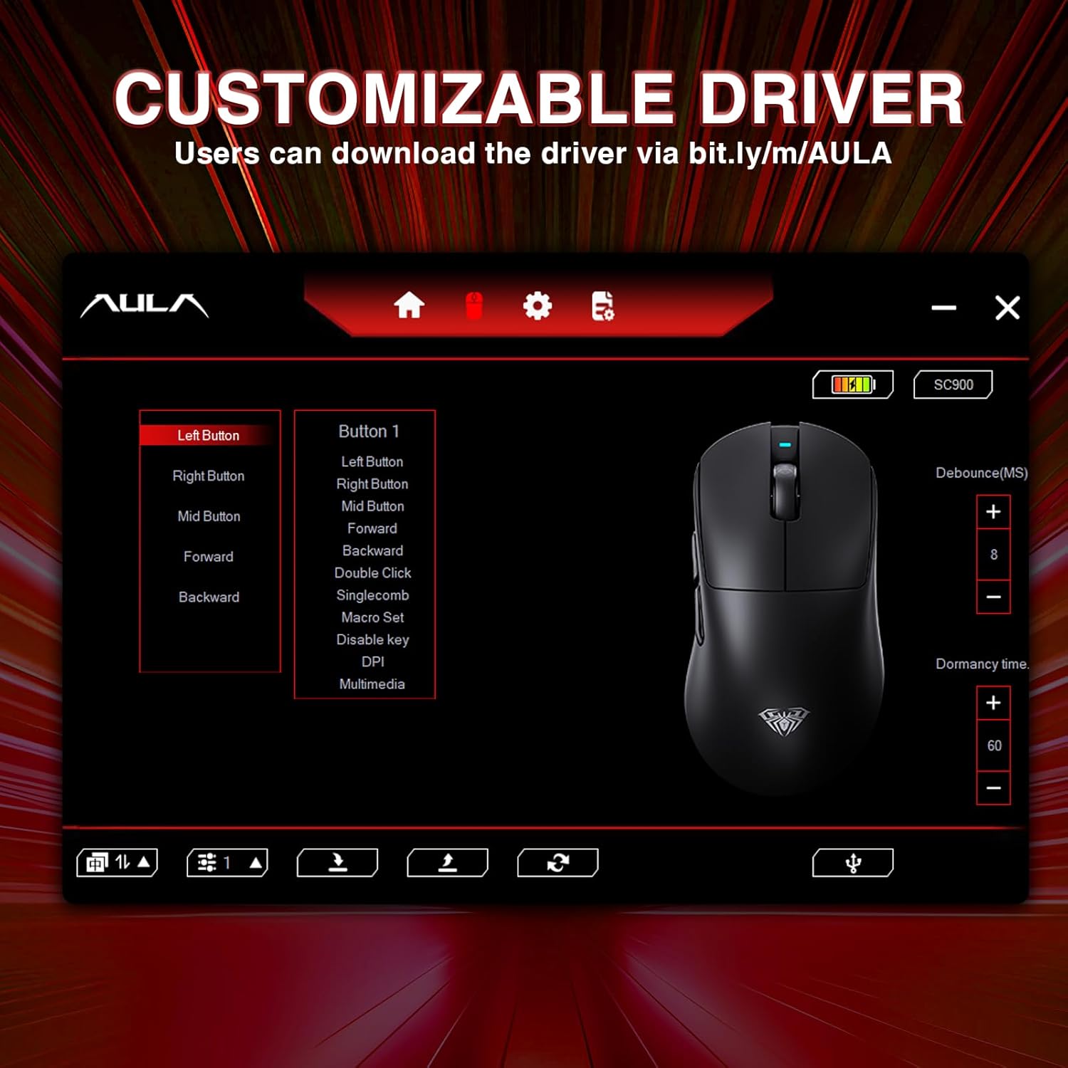 AULA ERGONOMIC TRI MODE WIRELESS GAMING MOUSE 30000 DPI WITH PAW3950 SENSOR SC900MAX RED thumbnail 10