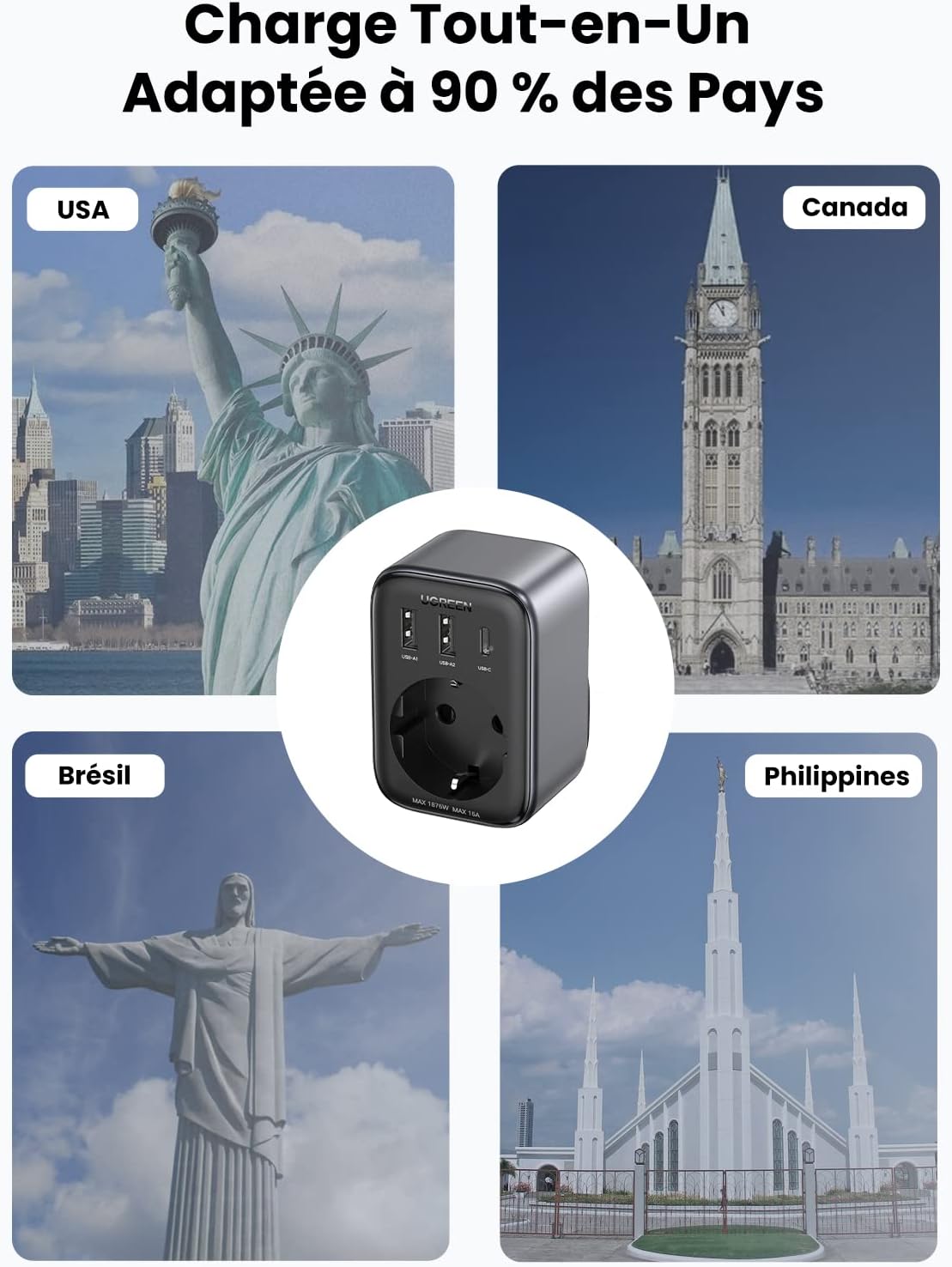 UGREEN 4 IN 1 TRAVEL ADAPTER BLACK 15261 thumbnail 3