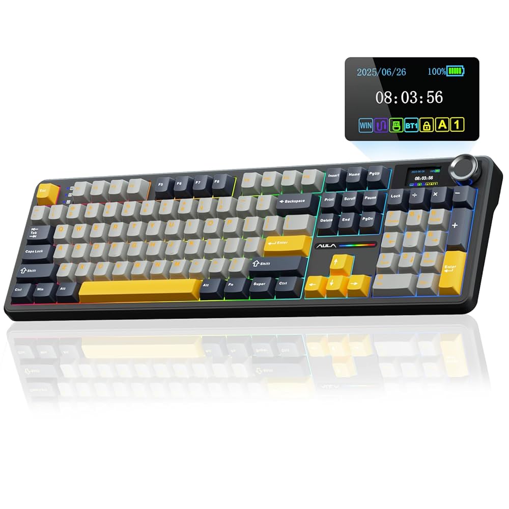 AULA 108 KEYS RGB 100% MECHANICAL GAMING KEYBOARD TRI-MODE KNOB REAPER SWITCH GRADIENT GRAY F108 PRO