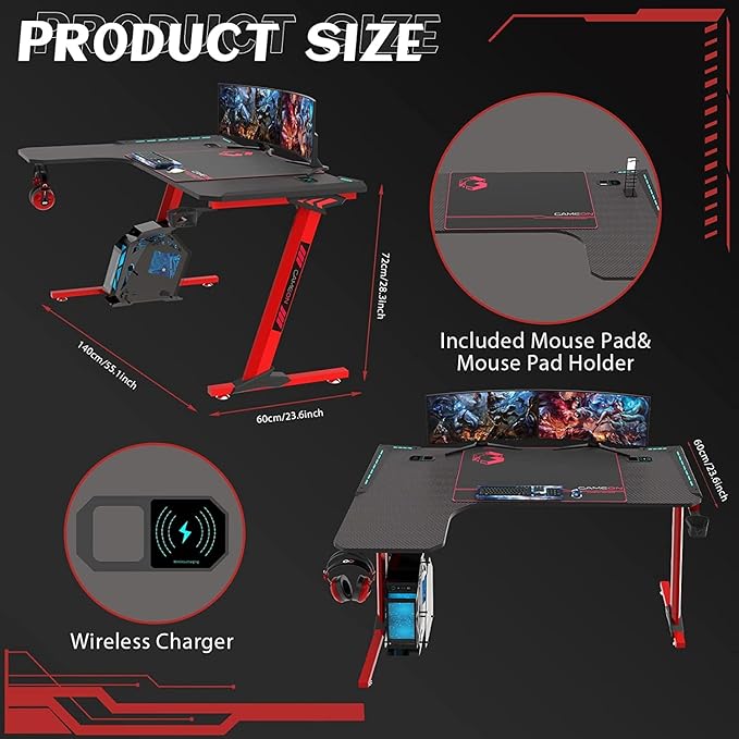 GAMEON PHANTOM XL-L SERIES L-SHAPED RGB FLOWING LIGHT GAMING DESK GO-PHANTOMXL-L thumbnail 7