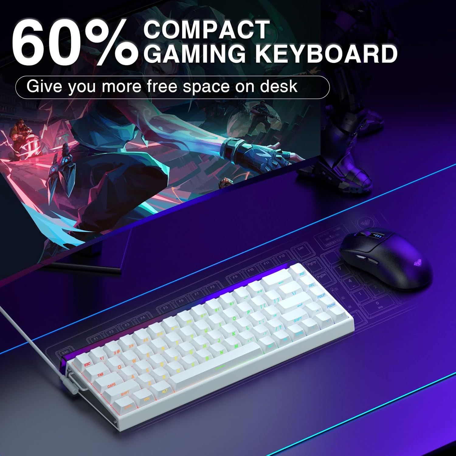 AULA 68 KEYS RGB 65% WIRED MECHANICAL GAMING KEYBOARD  METEOR SWITCH WHT-GRY-BL HERO68HE thumbnail 2