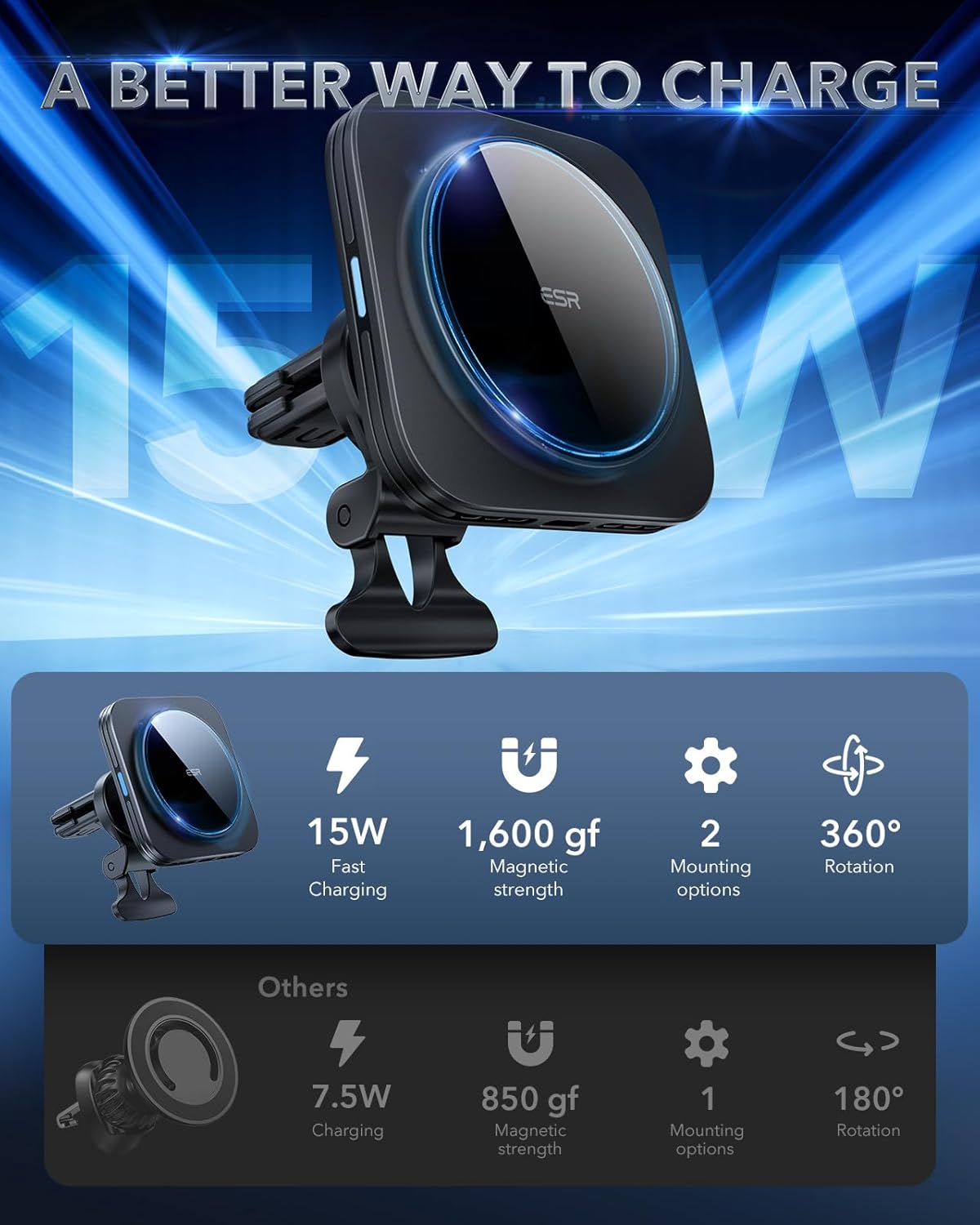 ESR QI2 WIRELESS CAR CHARGER BLACK thumbnail 2