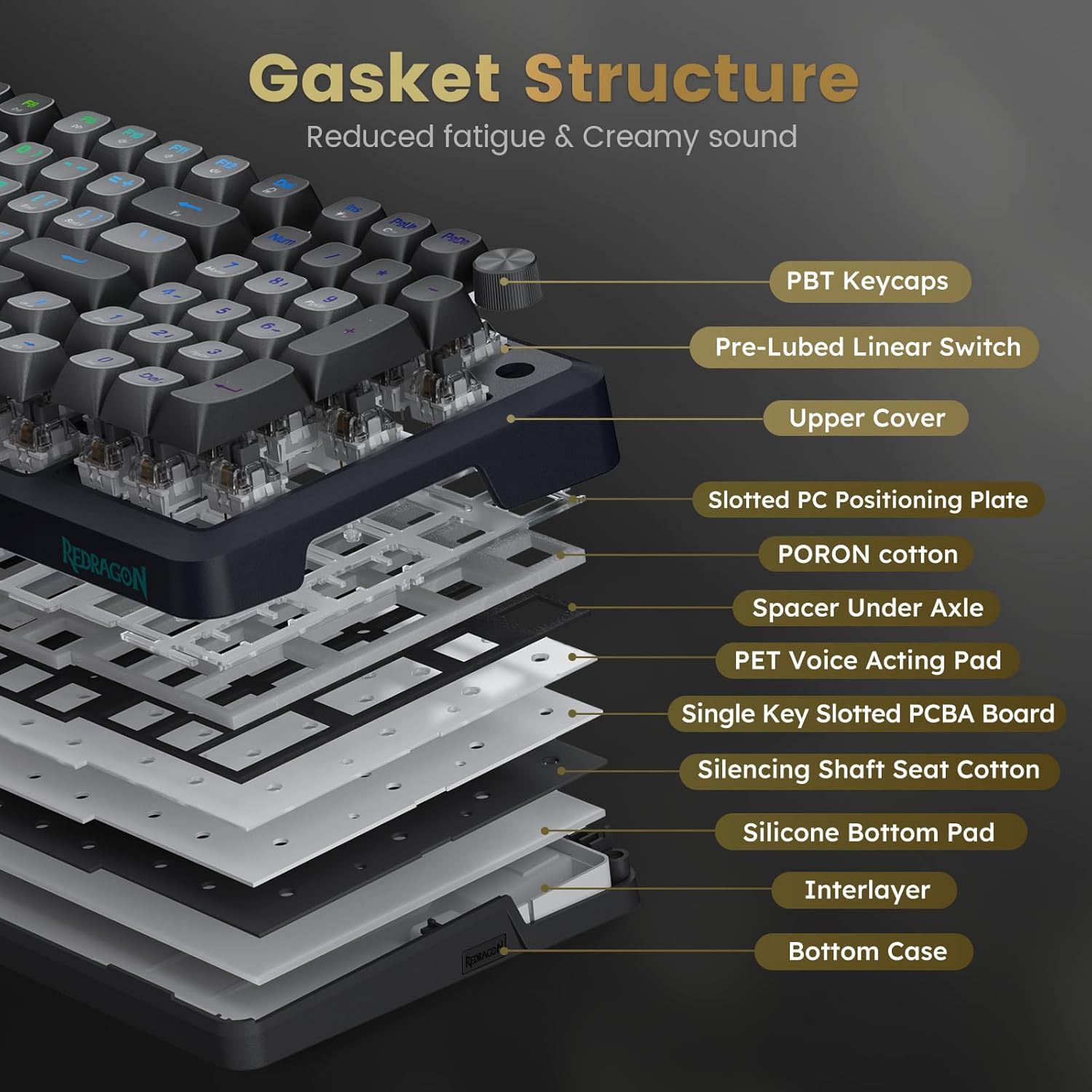 REDRAGON BREAGI PRO GASKET WIRELESS MECHANICAL KEYBOARD CREAM LINEAR SWITCHES K688GB-RGB-PRO thumbnail 5