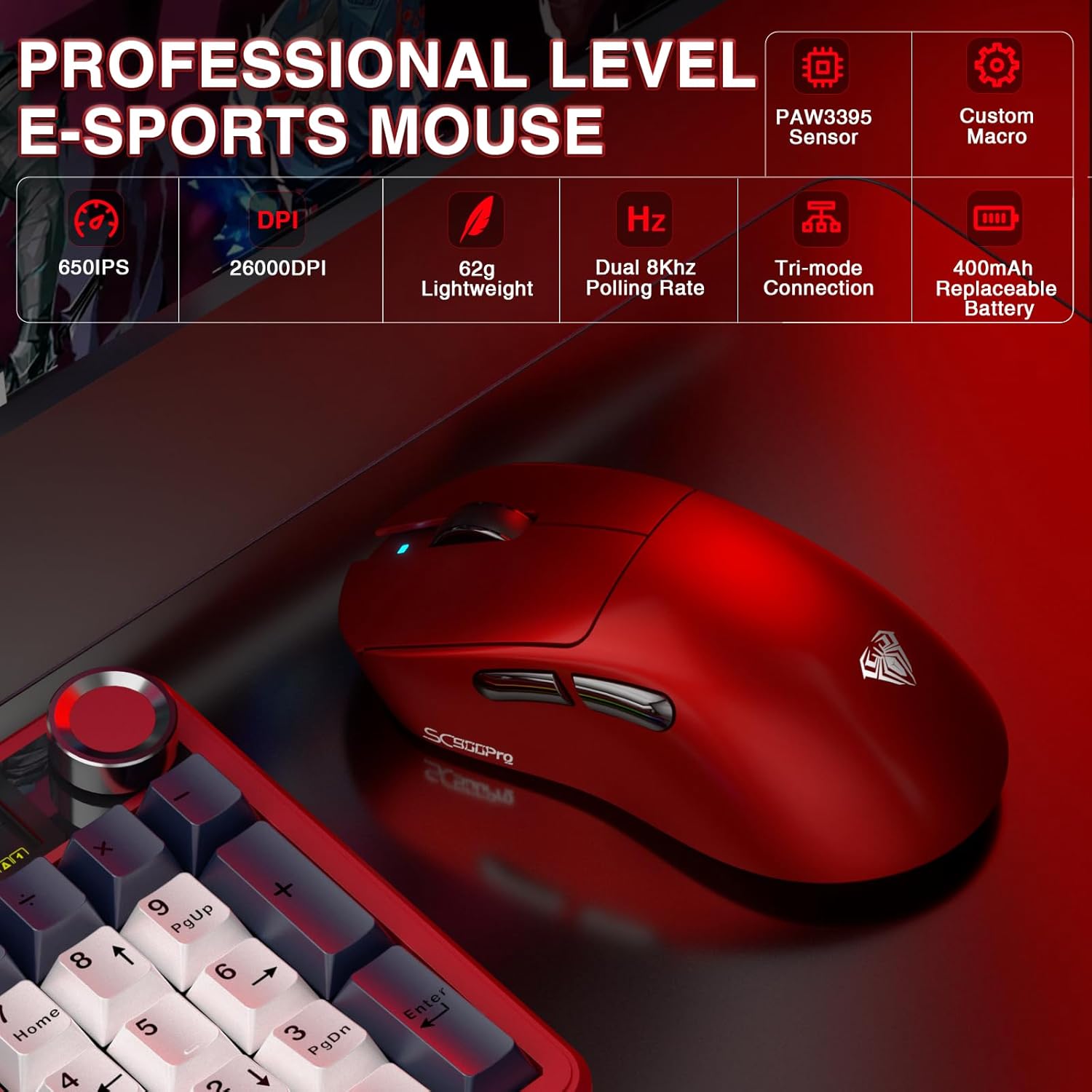 AULA ERGONOMIC TRI MODE WIRELESS GAMING MOUSE 30000 DPI WITH PAW3950 SENSOR SC900MAX RED thumbnail 3