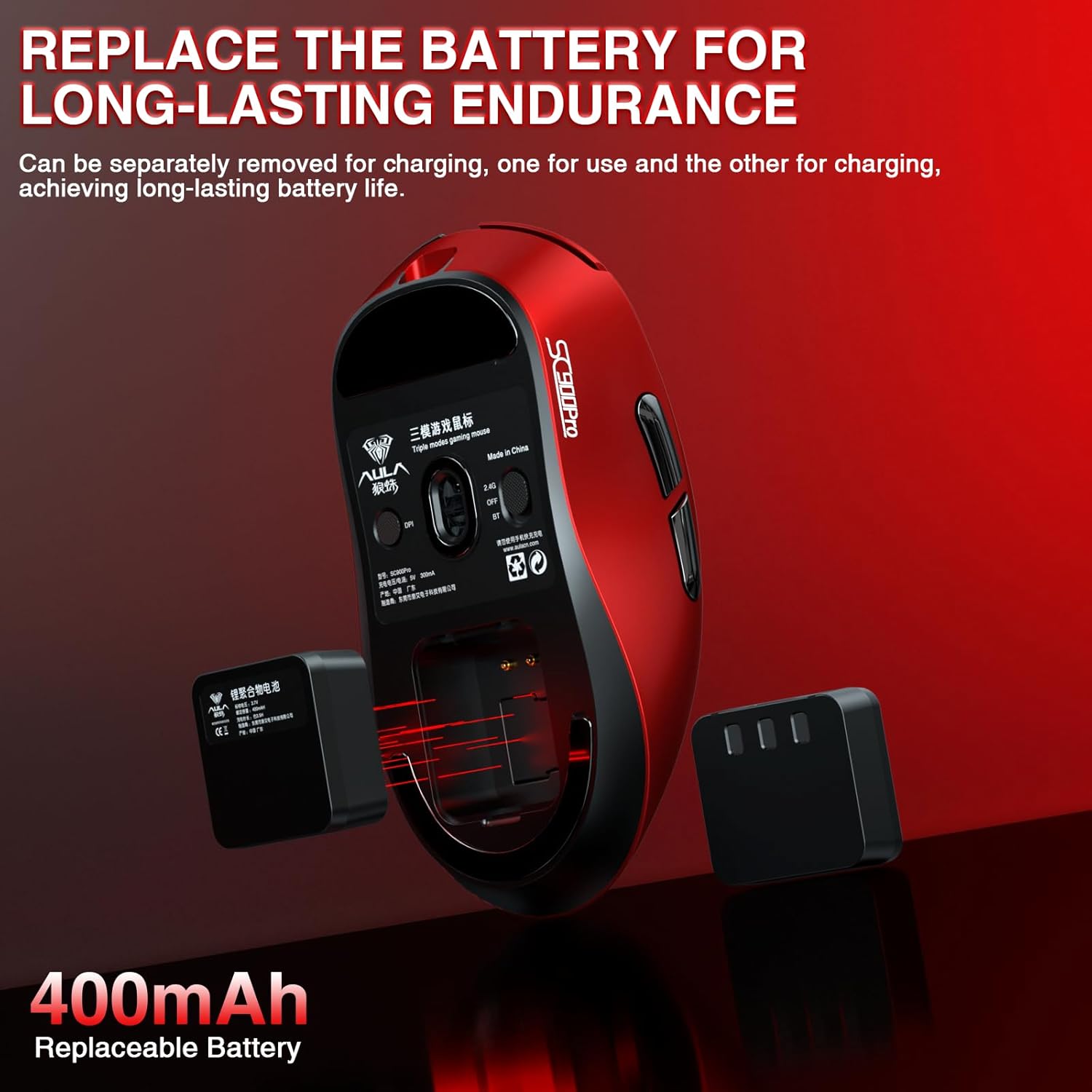 AULA ERGONOMIC TRI MODE WIRELESS GAMING MOUSE 30000 DPI WITH PAW3950 SENSOR SC900MAX RED thumbnail 6