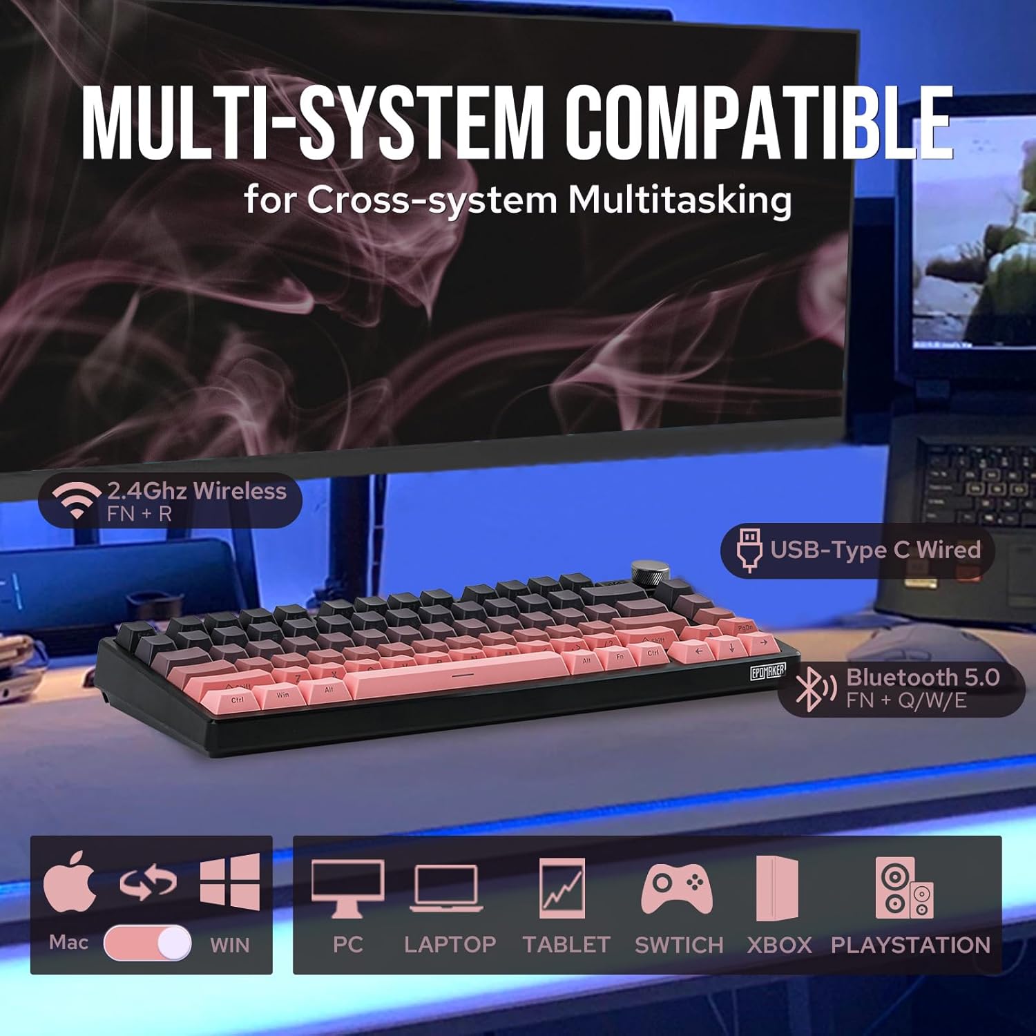 AULA 87 KEYS RGB 80% MECHANICAL GAMING KEYBOARD TRI-MODE GRAYWOOD V4 SWITCH GRADIENT BK-PNK F87 PRO thumbnail 3