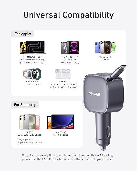 ANKER 75W USB-C CAR CHARGER WITH BUILT-IN RETRACTABLE USB-C CABLE GRAY A2738HA2 thumbnail 6