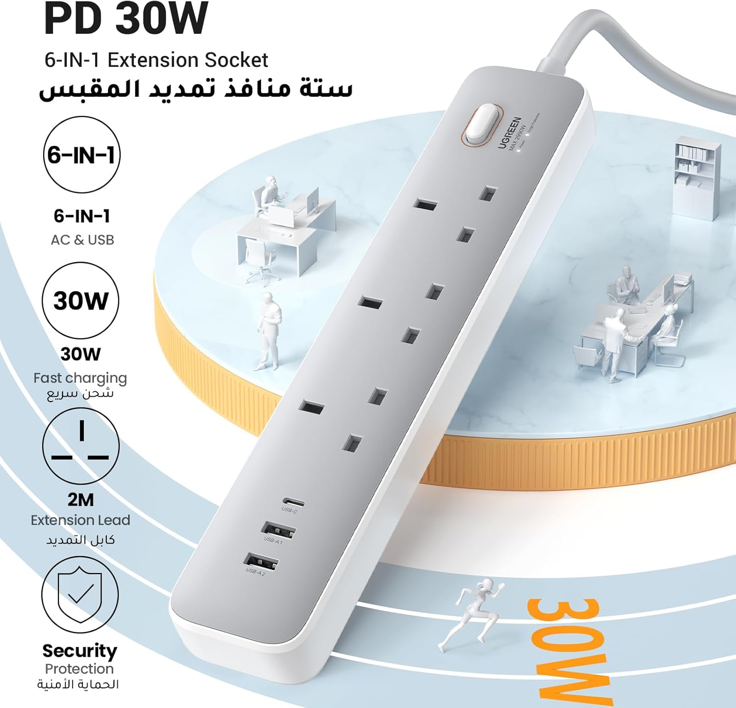 UGREEN 3 AC POWER STRIP WITH MASTER SWITCH (2A1C) 30W WHITE 15461 thumbnail 3
