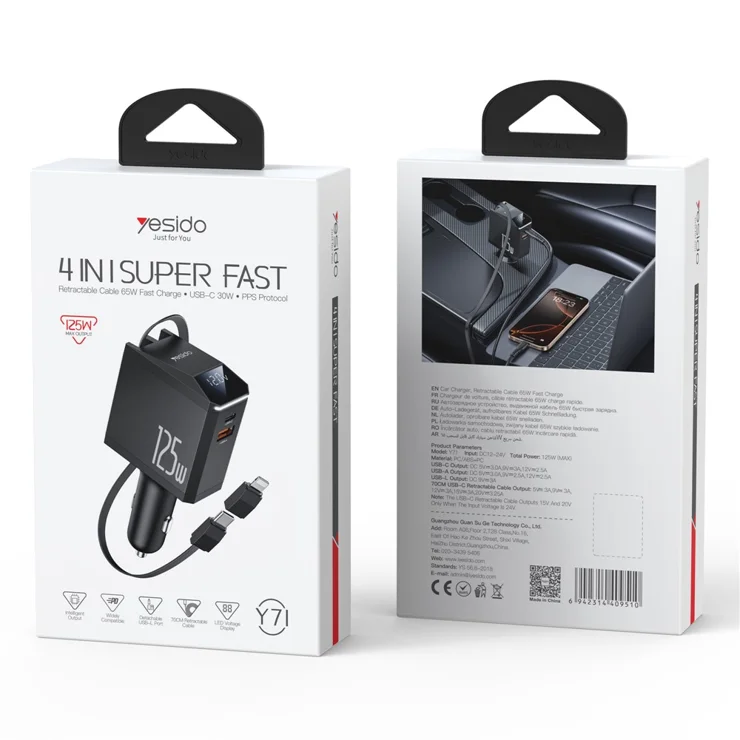 YESIDO 4 IN 1 SUPER FAST 125W CAR CHARGER BLACK Y71