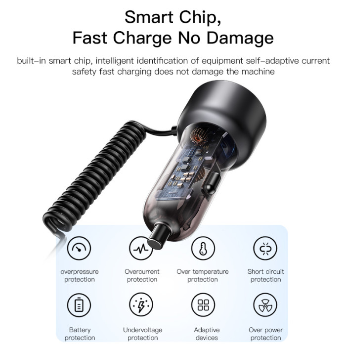 YESIDO 60W SUPER FAST CAR CHARGER WITH LIGHTNING TO TYPE C CABLE BLACK Y58 thumbnail 3