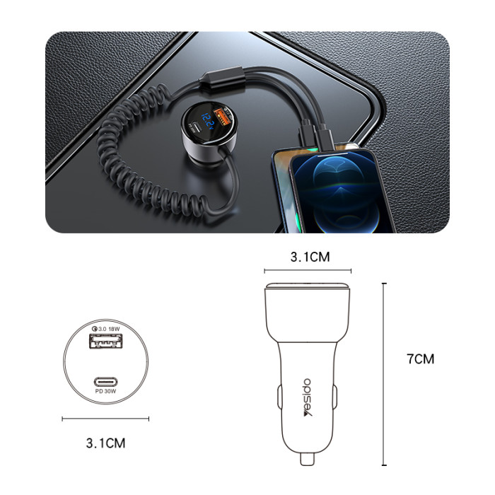 YESIDO 60W SUPER FAST CAR CHARGER WITH LIGHTNING TO TYPE C CABLE BLACK Y58 thumbnail 2