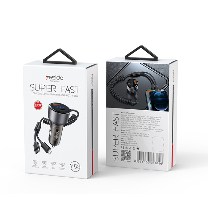 YESIDO 60W SUPER FAST CAR CHARGER WITH LIGHTNING TO TYPE C CABLE BLACK Y58 thumbnail 5