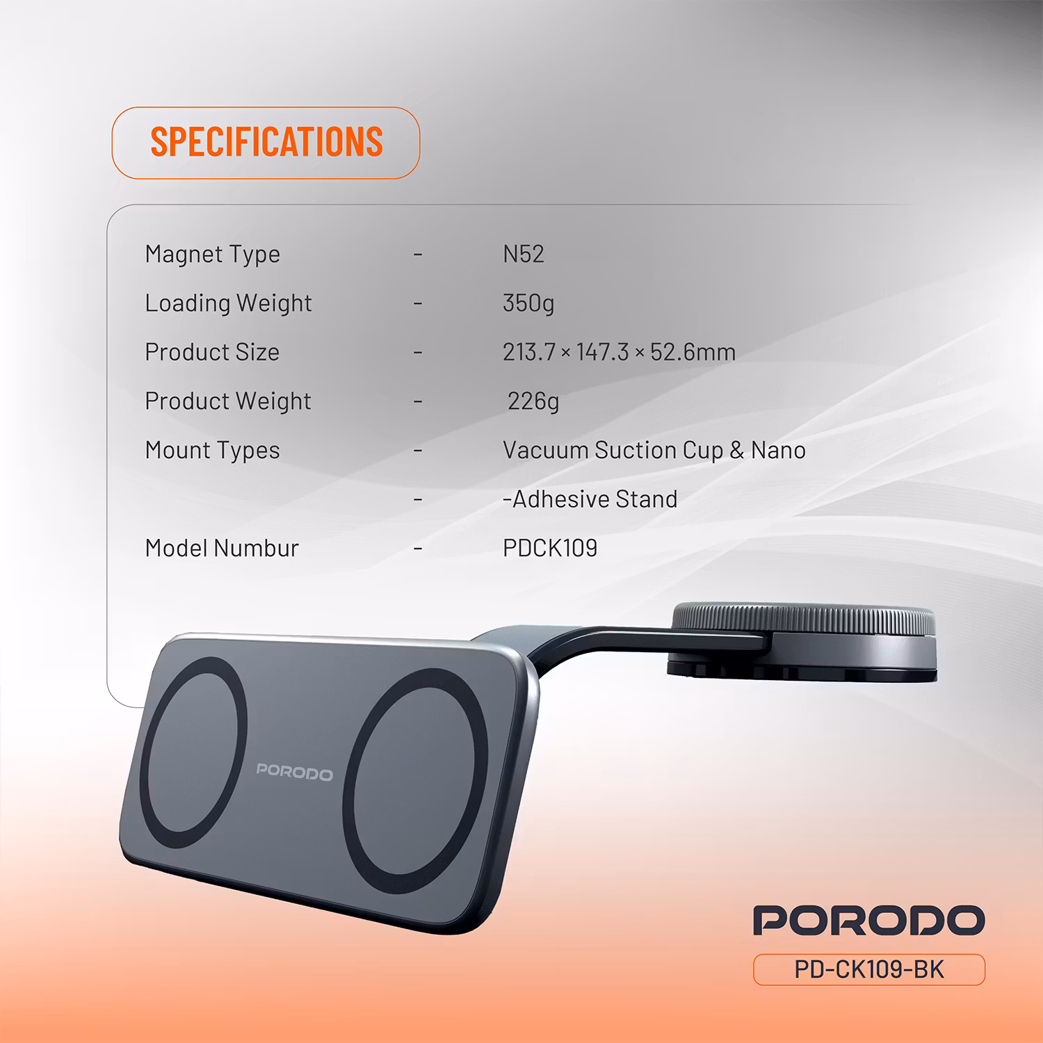 PORODO VACUUM AND ADHESIVE MAGNETIC CAR MOUNT BLACK PDCK109BK thumbnail 2