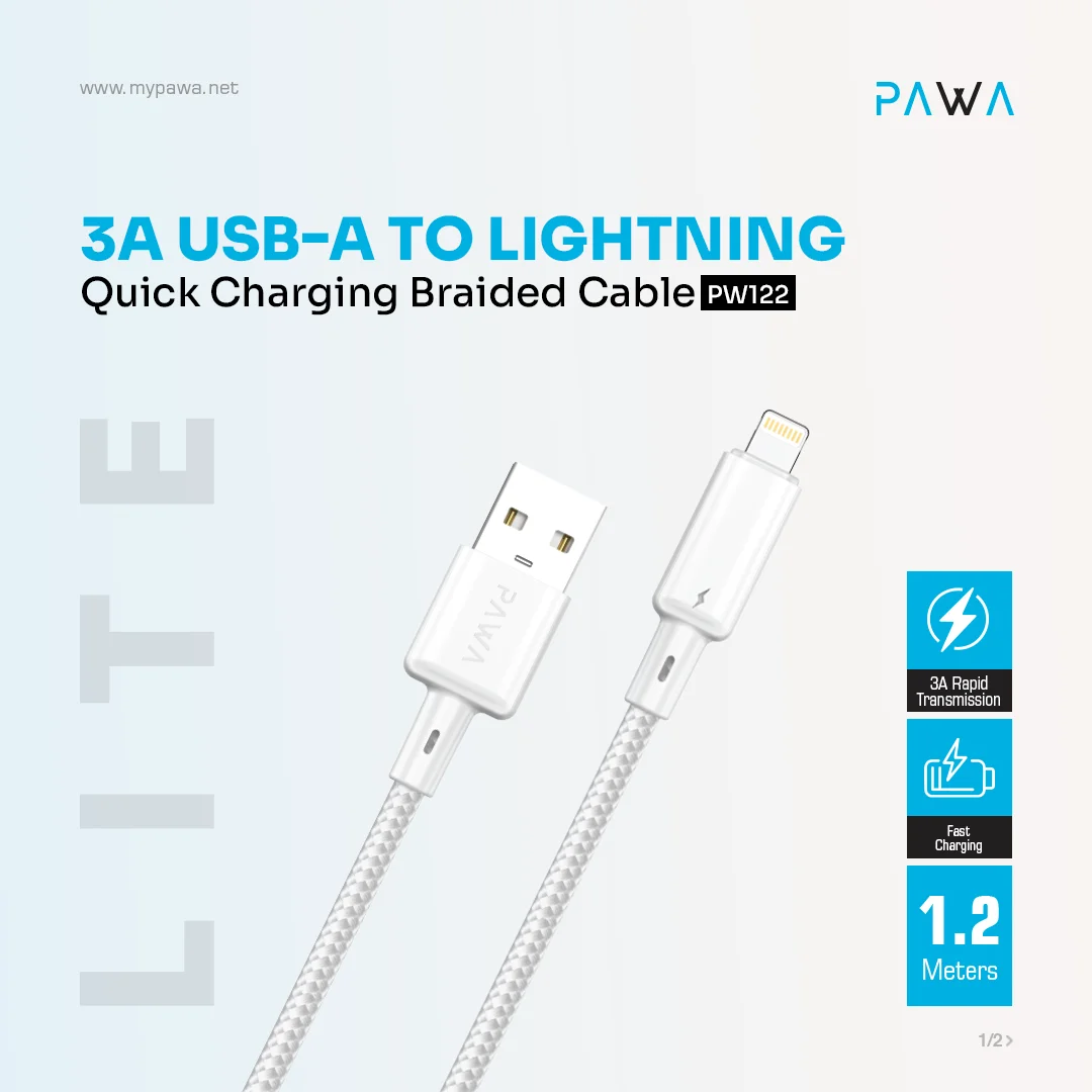 PAWA 3A USB A TO LIGHTNING QUICK CHARGING BRAIDED CABLE 1.2M PW122 WHITE PW-BTLT12AL-WH thumbnail 2