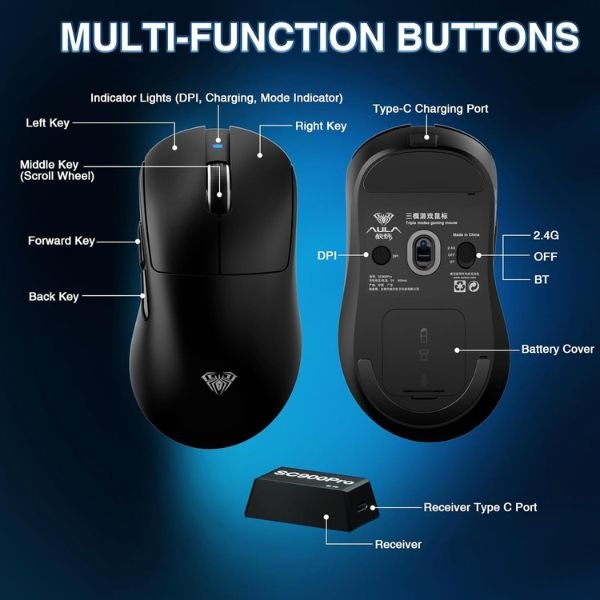 AULA ERGONOMIC TRI MODE WIRELESS GAMING MOUSE 26000 DPI WITH PAW3395 SENSOR SC900 PRO BLACK thumbnail 8
