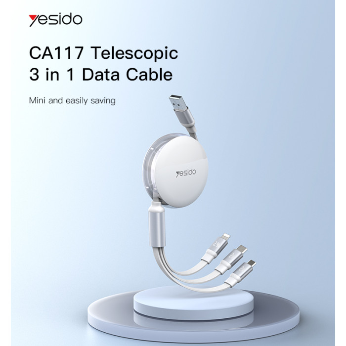 YESIDO 3 IN 1 RETRACTABLE CABLE FOR LIGHTNING MICRO AND TYPE-C CABLE CA117 thumbnail 5