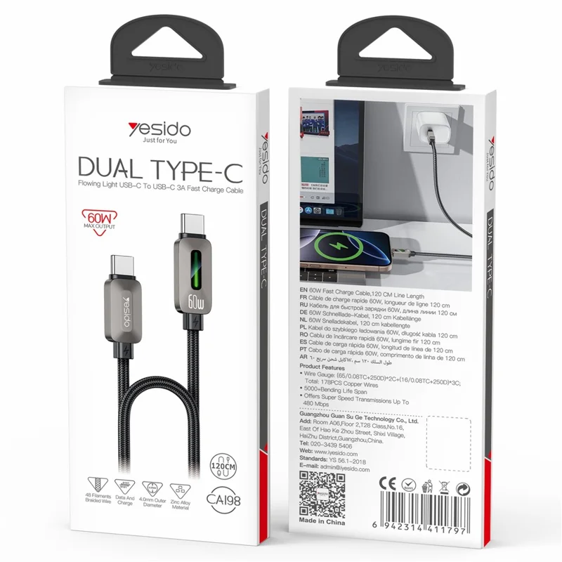 YESIDO TYPE C TO TYPE C 60W CABLE GREY CA198 thumbnail 2
