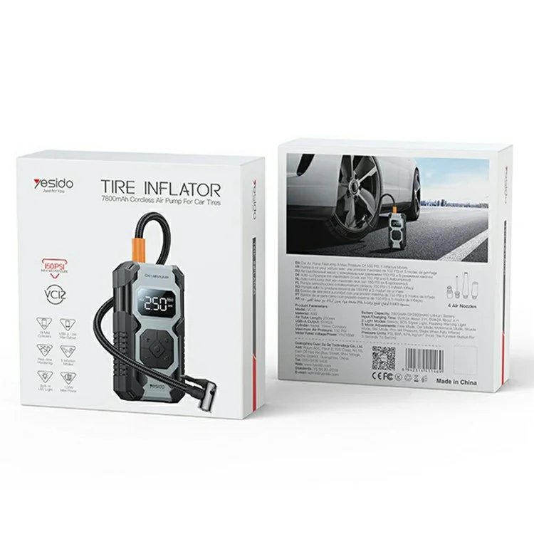 YESIDO TIRE INFLATOR AIR PUMP 7800MAH BLACK VC12 thumbnail 2