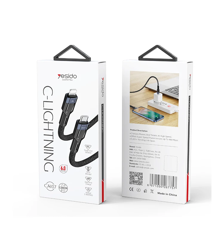 YESIDO USB-C TO LIGHTNING CABLE 1.2M BLACK CA107 thumbnail 2