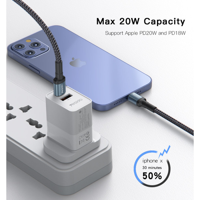 YESIDO 20W USB-C TO LIGHTNING CABLE 1.2M BLACK CA76 thumbnail 3