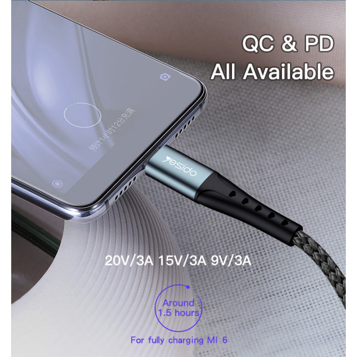 YESIDO USB-C TO USB-C CABLE 2M BLACK CA67 thumbnail 3