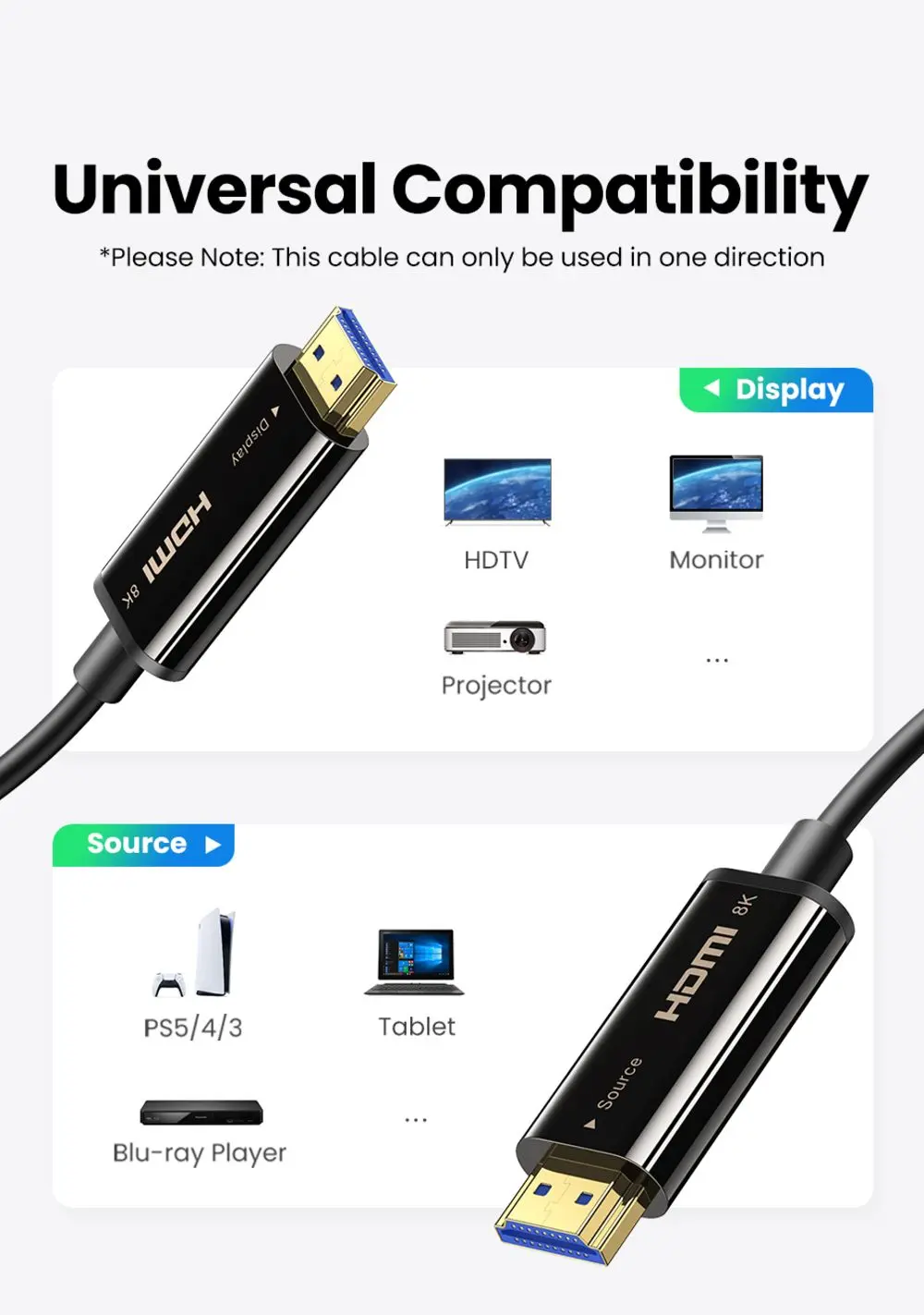 UGREEN 8K HDMI MALE TO MALE FIBER OPTIC CABLE 10M 80406 thumbnail 3