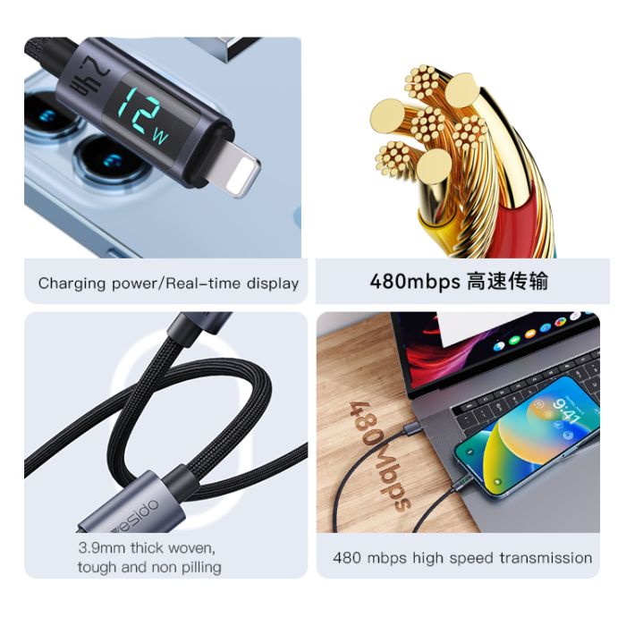 YESIDO USB A TO LIGHTNING CALE 12W GREY CA137L thumbnail 4