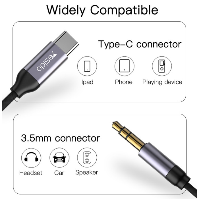 YESIDO AUX ADAPTER TYPE C TO 3.5MM AUDIO CABLE BLACK YAU20 thumbnail 4