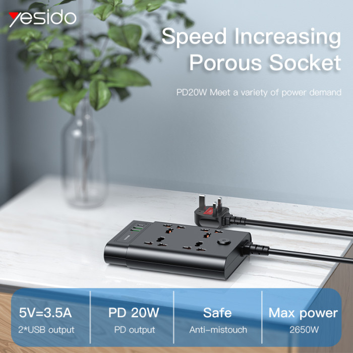 YESIDO POWER SOCKET 38W  2MTR BLACK UK MC11 thumbnail 2
