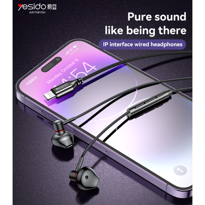 YESIDO ALUMINIUM ALLOY LIGHTNING WIRED EARPHONE BLACK YH48 thumbnail 2