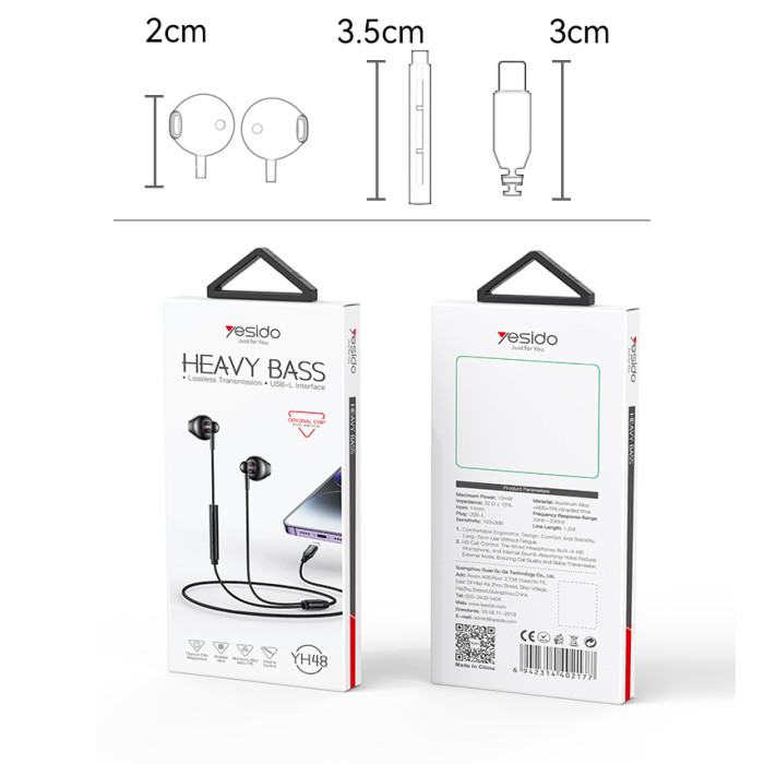 YESIDO ALUMINIUM ALLOY LIGHTNING WIRED EARPHONE BLACK YH48 thumbnail 5