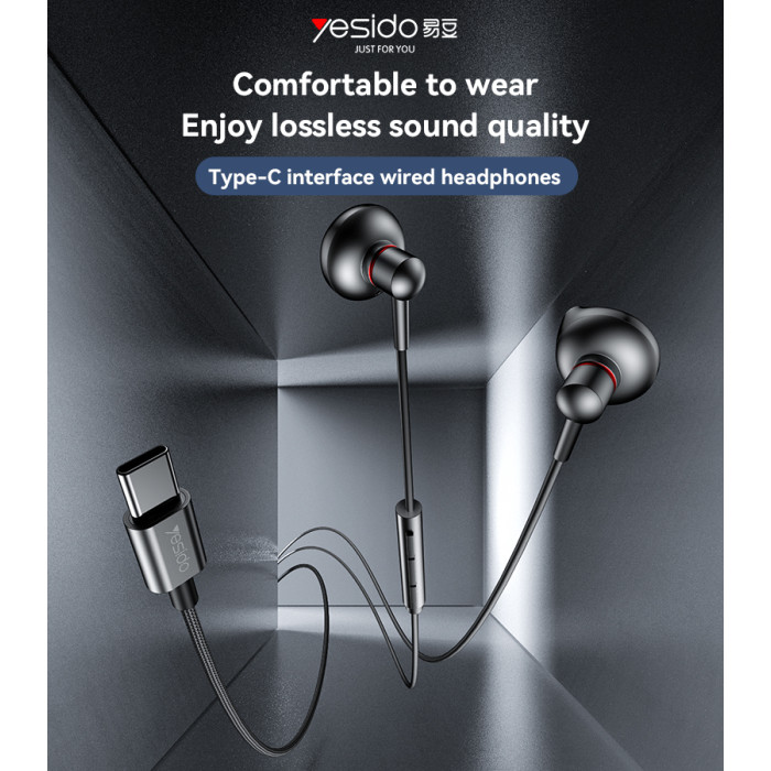 YESIDO ALUMINIUM ALLOY USB-C WIRED EARPHONE BLACK YH49 thumbnail 2