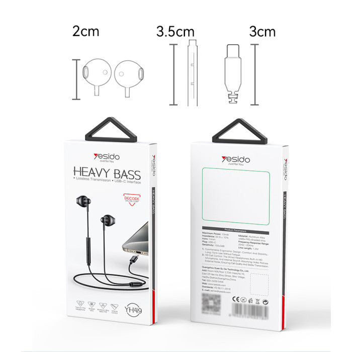 YESIDO ALUMINIUM ALLOY USB-C WIRED EARPHONE BLACK YH49 thumbnail 5