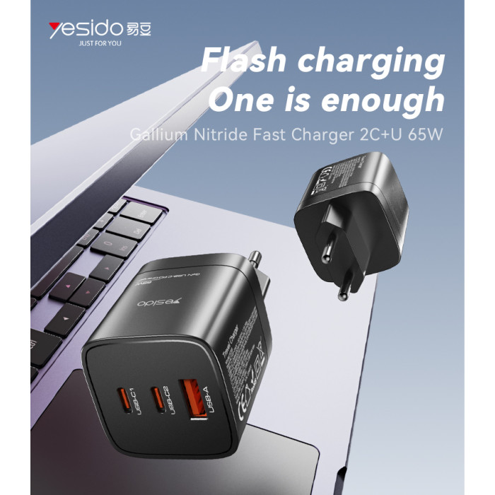 YESIDO 65W GAN 1XUSB-A AND 2XUSB-C CHARGER BLACK YC98C thumbnail 2