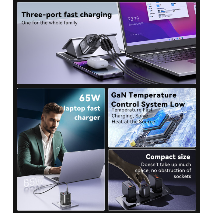 YESIDO 65W GAN 1XUSB-A AND 2XUSB-C CHARGER BLACK YC98C thumbnail 3