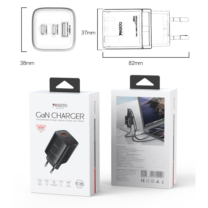 YESIDO 65W GAN 1XUSB-A AND 2XUSB-C CHARGER BLACK YC98C thumbnail 5