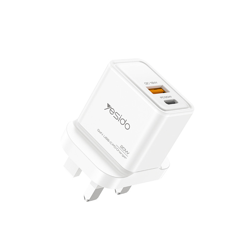 YESIDO 20W GAN USB-A AND USB-C FAST CHARGER WHITE YC80