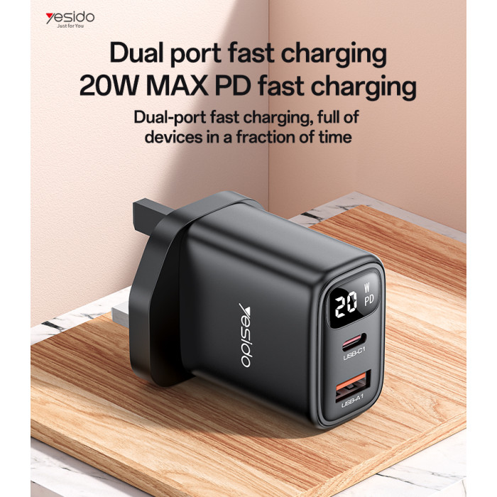 YESIDO 20W USB-A AND USB-C WITH DISPLAY FAST CHARGER BLACK YC87 thumbnail 2