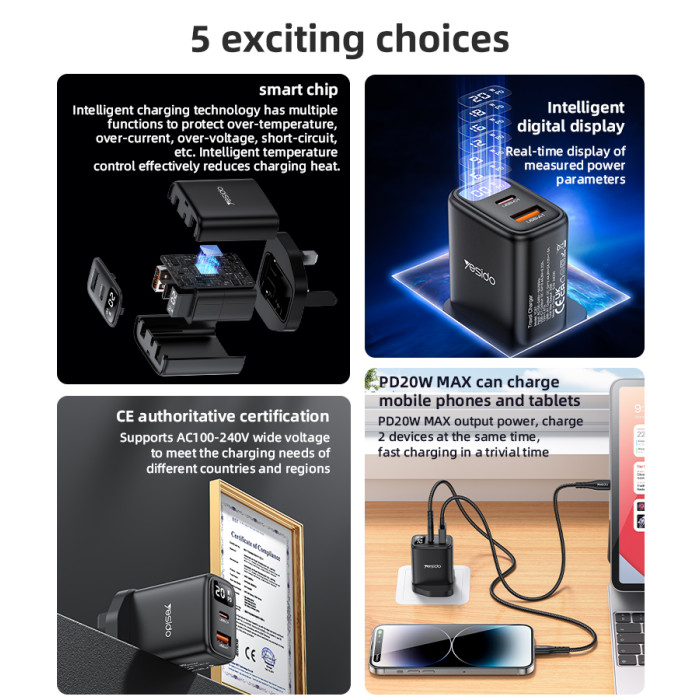 YESIDO 20W USB-A AND USB-C WITH DISPLAY FAST CHARGER BLACK YC87 thumbnail 3