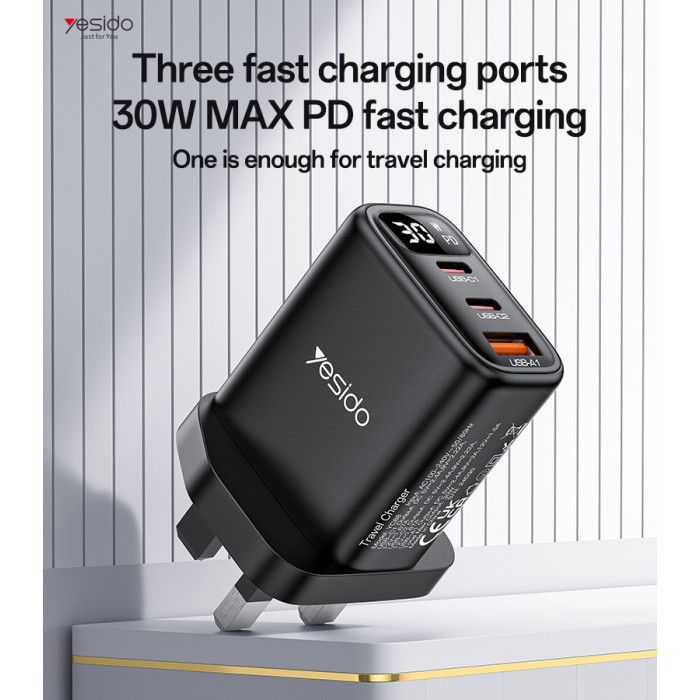 YESIDO 30W GAN 1XUSB-A AND 2XUSB-C CHARGER WITH DISPLAY BLACK YC88 thumbnail 2