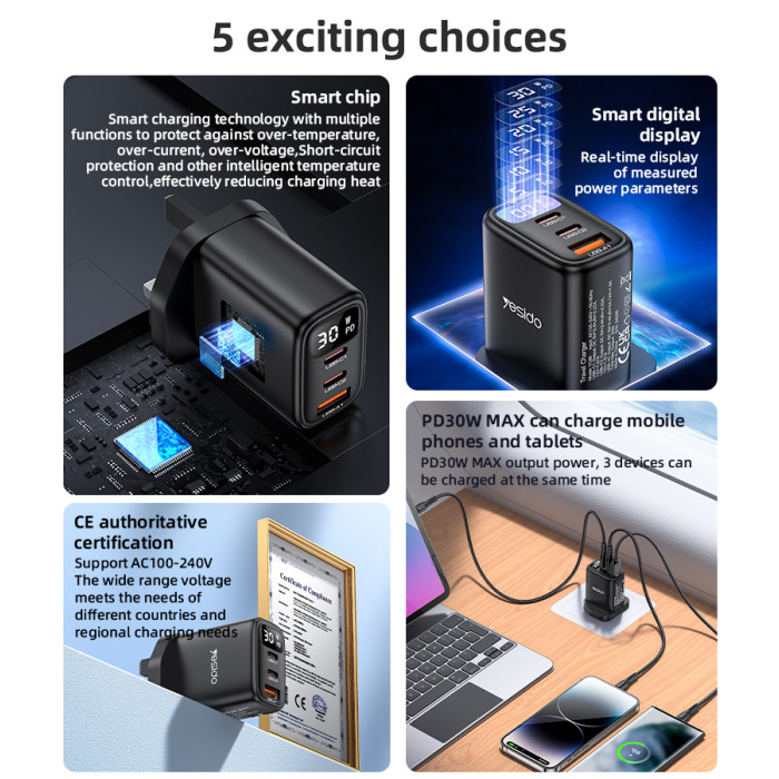 YESIDO 30W GAN 1XUSB-A AND 2XUSB-C CHARGER WITH DISPLAY BLACK YC88 thumbnail 3