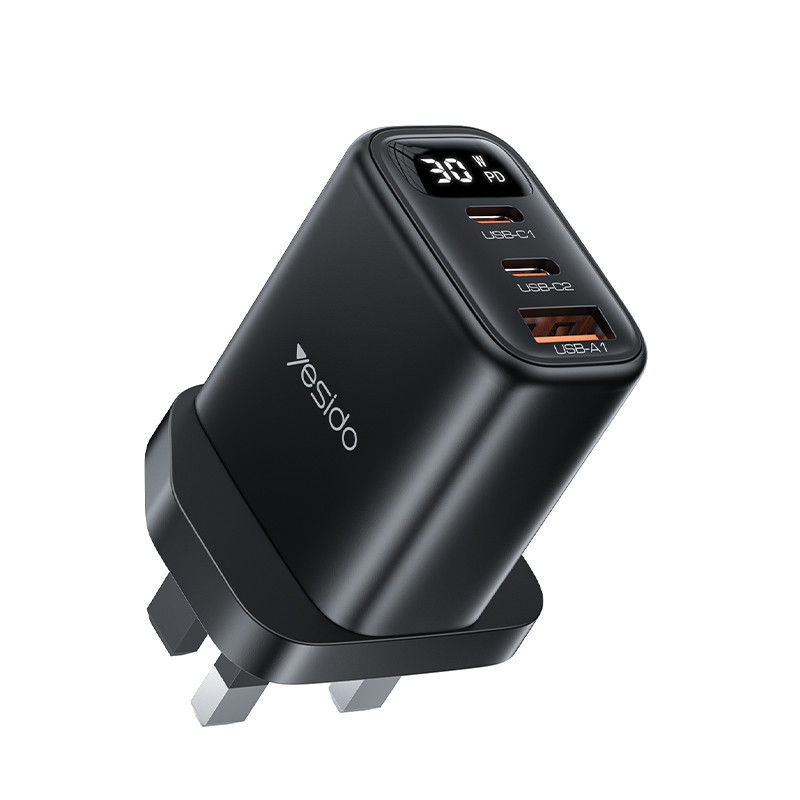 YESIDO 30W GAN 1XUSB-A AND 2XUSB-C CHARGER WITH DISPLAY BLACK YC88