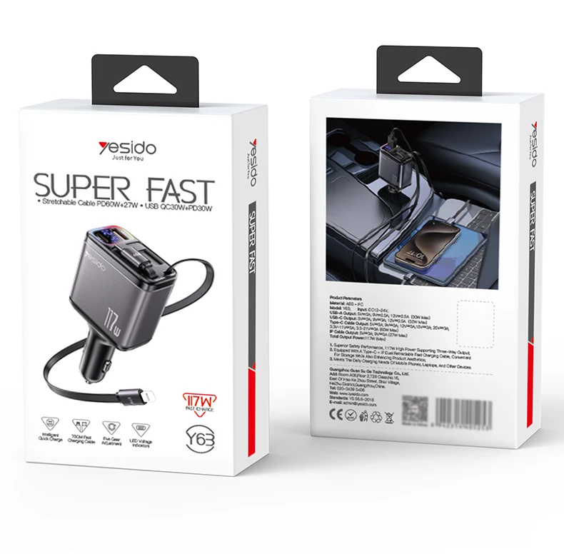 YESIDO 117W SUPER FAST CAR CHARGER BLACK Y63 thumbnail 11