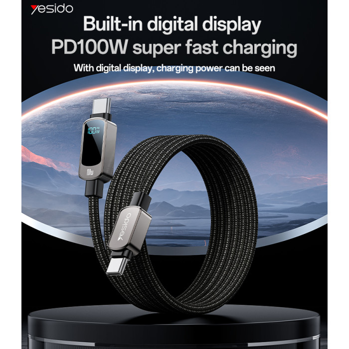 YESIDO 100W USB-C TO USB-C WITH LED DISPLAY CABLE 1.2M GREY CA179 thumbnail 2