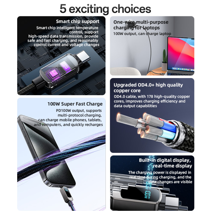 YESIDO 100W USB-C TO USB-C WITH LED DISPLAY CABLE 1.2M GREY CA179 thumbnail 3
