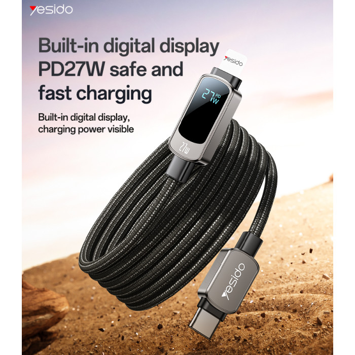 YESIDO 27W USB-C TO LIGHTNING CABLE WITH LED DISPLAY GREY CA180 thumbnail 3