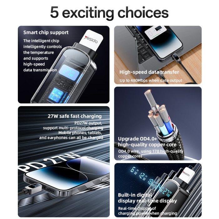 YESIDO 27W USB-C TO LIGHTNING CABLE WITH LED DISPLAY GREY CA180 thumbnail 4