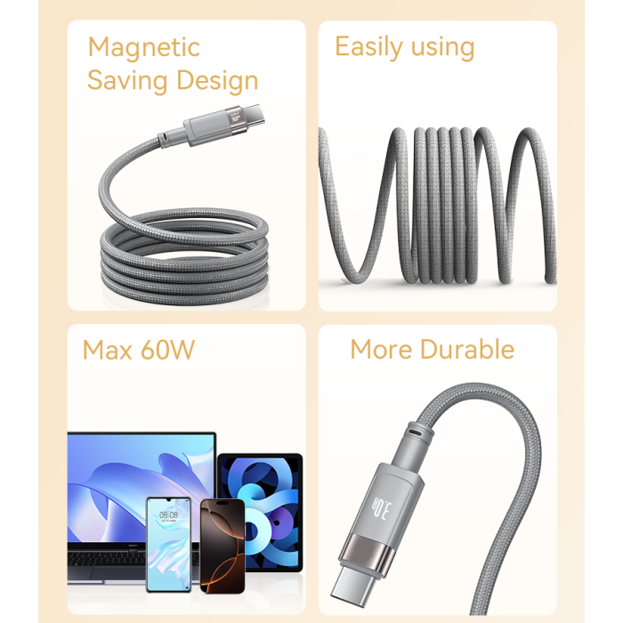 YESIDO 60W USC-C TO USB- MAGNETIC CABLE GREY CA172C thumbnail 3