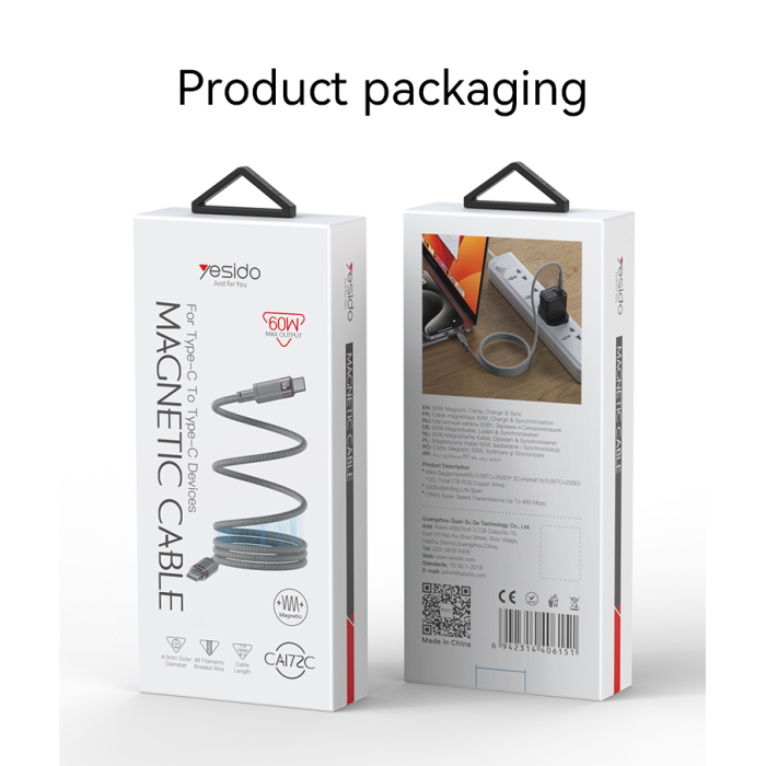 YESIDO 60W USC-C TO USB- MAGNETIC CABLE GREY CA172C thumbnail 5