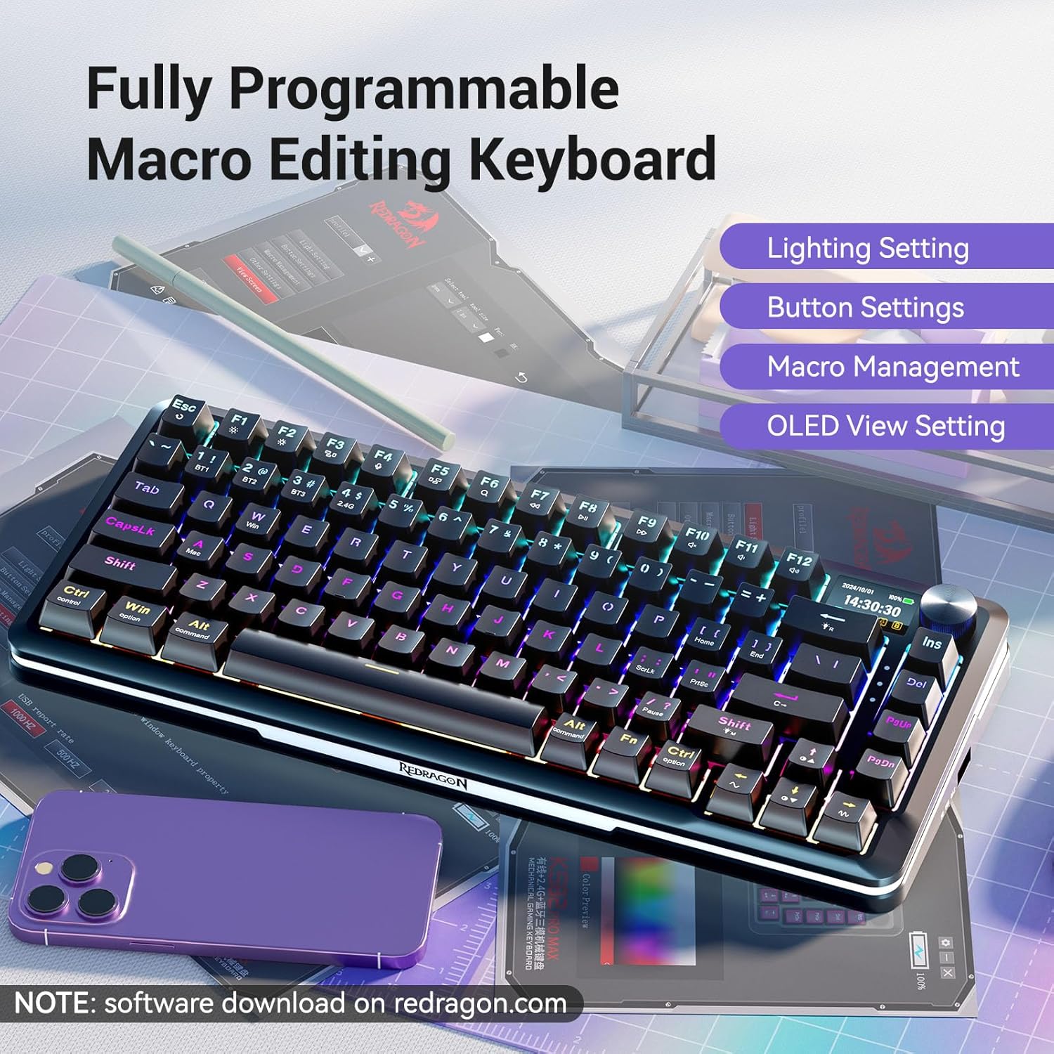 REDRAGON FLEKACT RGB WIRELESS MECHANICAL GAMING KEYBOARD WITH LCD DISPLAY - BLACK K708RGB-PRO thumbnail 3